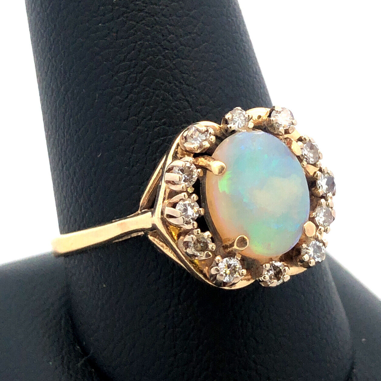 Gorgeous 14k Yellow Gold Cabochon White Light Opal Diamond Halo Ring Size 10.75