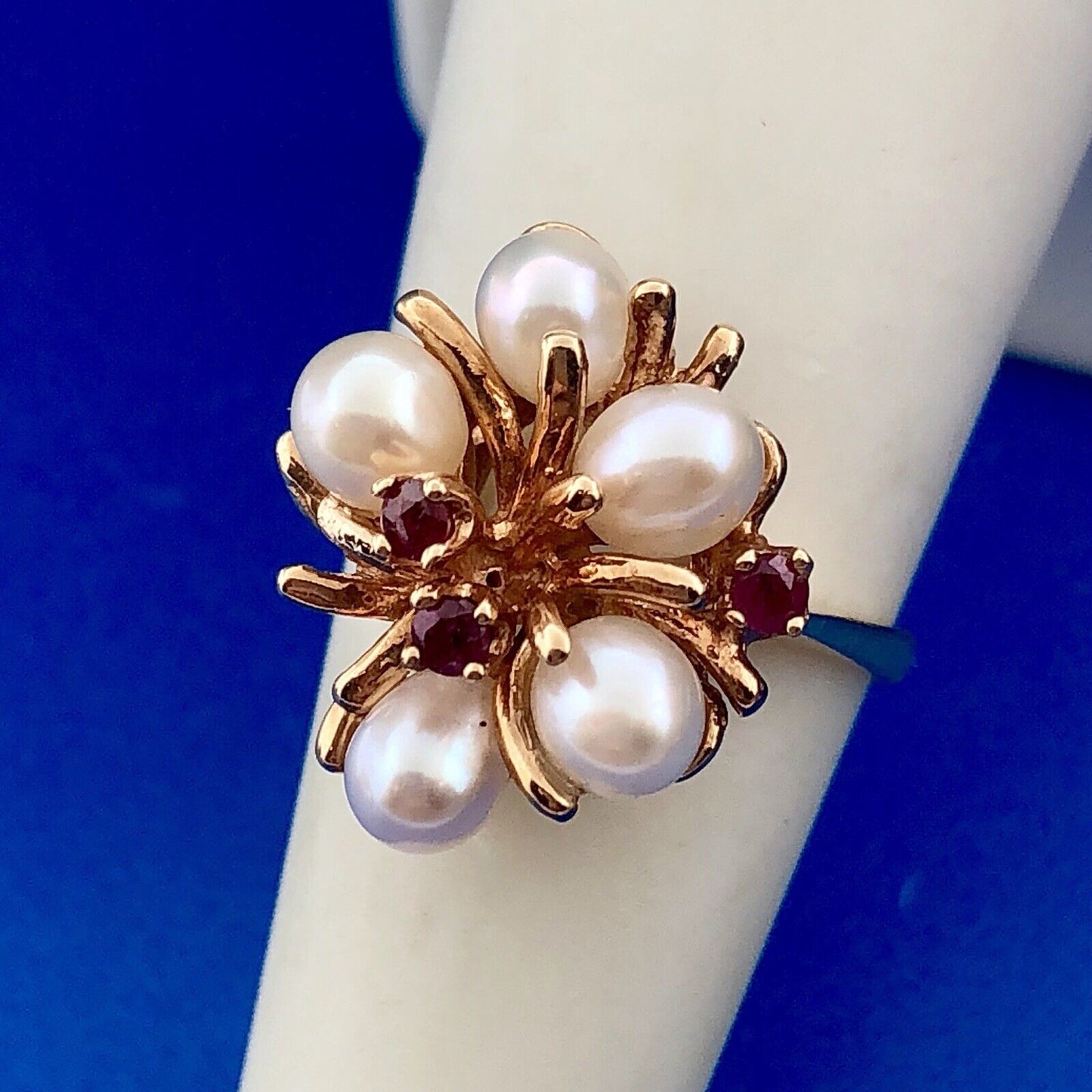 Vintage 14k Yellow Gold Ruby Pearl Cluster Modernist Free Form Cocktail Ring