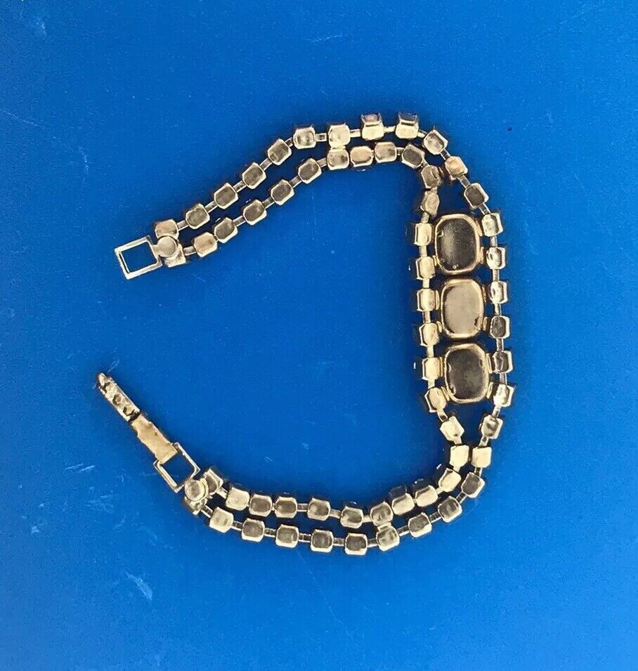 Vintage Silver Tone Rectangle Black Round White Rhinestone Runway Bracelet