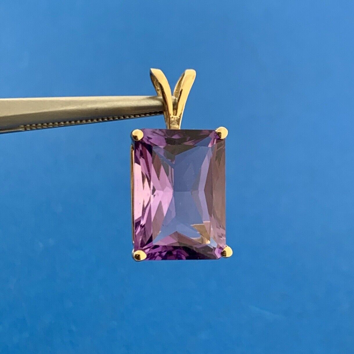 Designer 14K Yellow Gold Rectangle Amethyst February Birthday Occasion Pendant