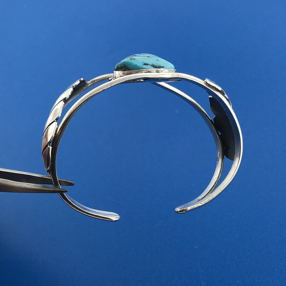 Old Pawn Sterling Silver Chunky Turquoise Cabochon Squash Blossom Cuff Bracelet