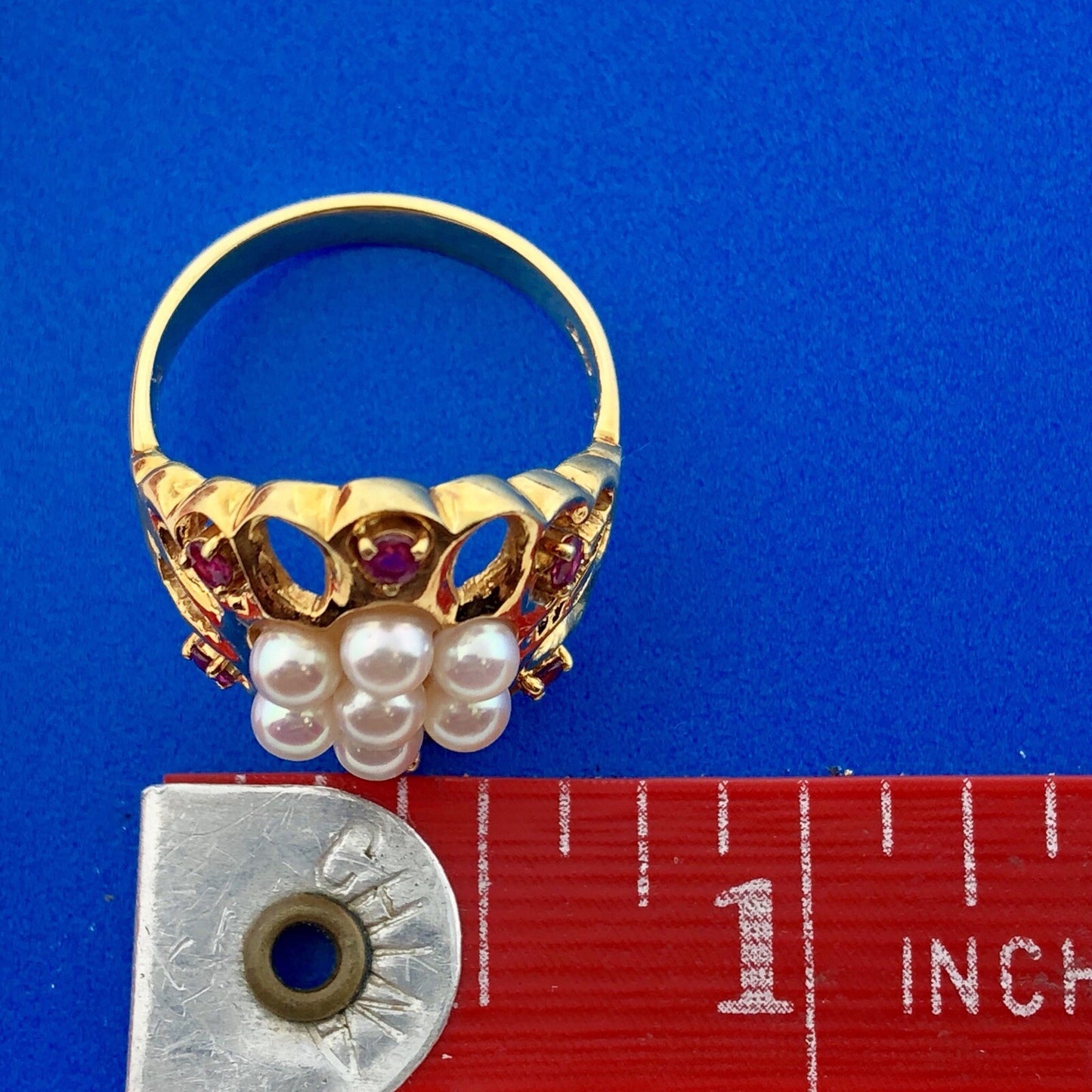 Vintage 18k Yellow Gold Pearl Cluster Ring with Ruby Accents