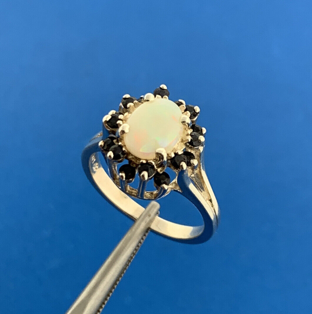 Designer 925 Sterling Silver Oval Opal Cabochon Blue Sapphire Halo Cocktail Ring