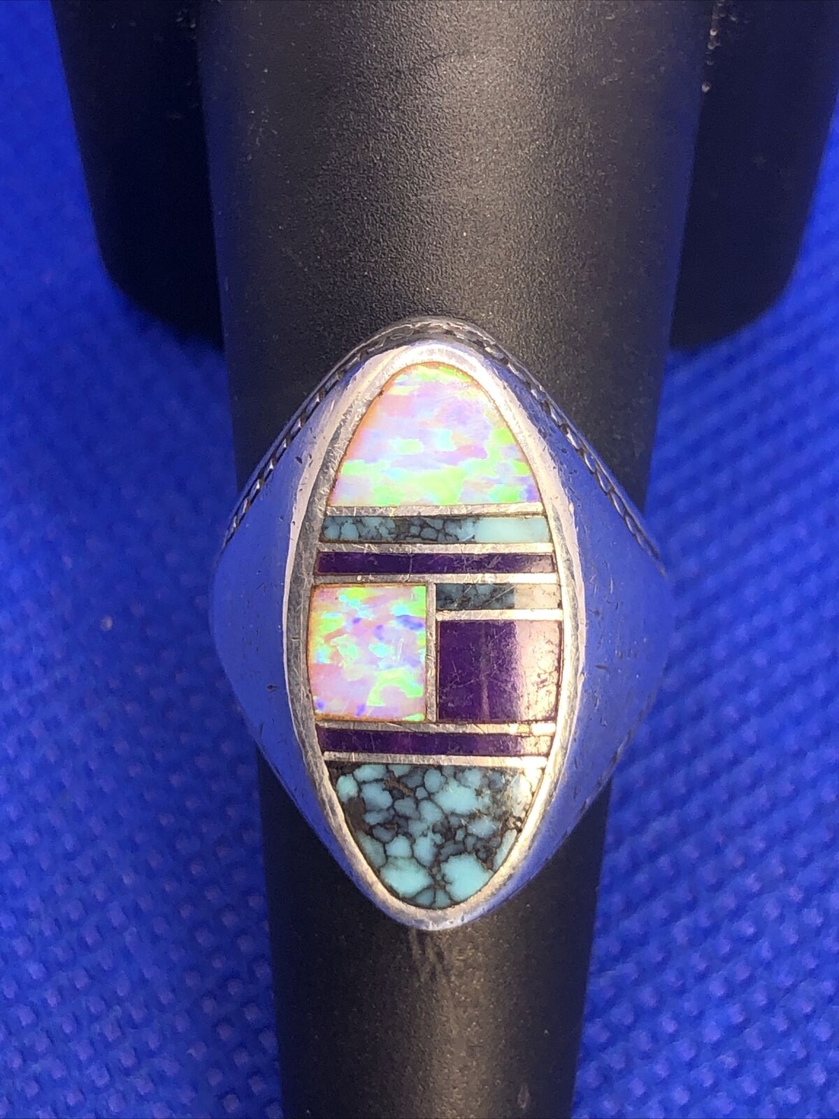 Vintage Designer Sterling Silver Purple Onyx Opal Turquoise Inlay Finger Ring