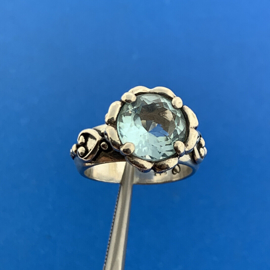 Designer 925 Sterling Silver Round Blue Topaz Heart Scroll Bead Work Ring