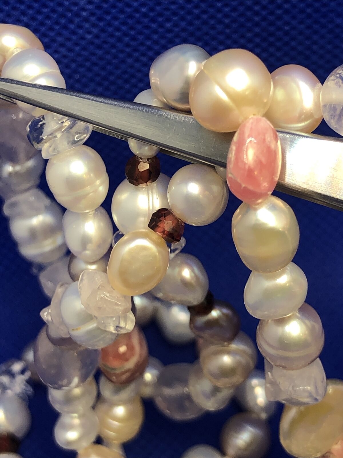 Sterling Silver Pink White Pearl Rhodochrosite Moonstone Garnet Beaded Necklace