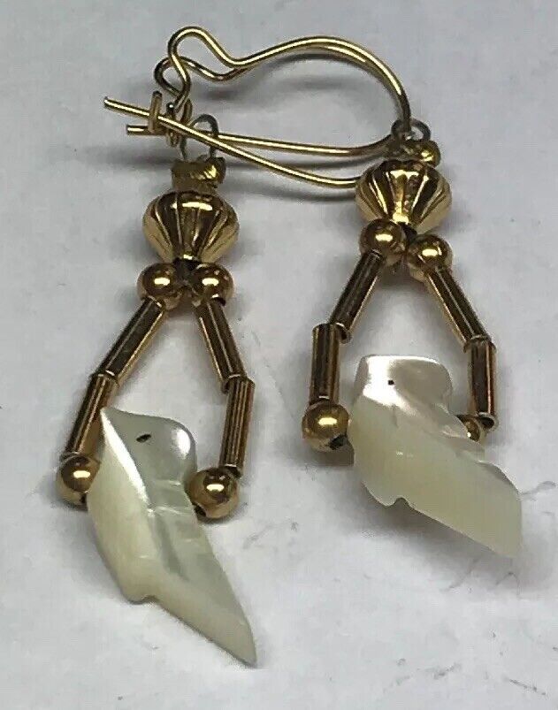 Vintage Gold Toned Mother Of Pearl Bird Drop Dangle Bead Earrings
