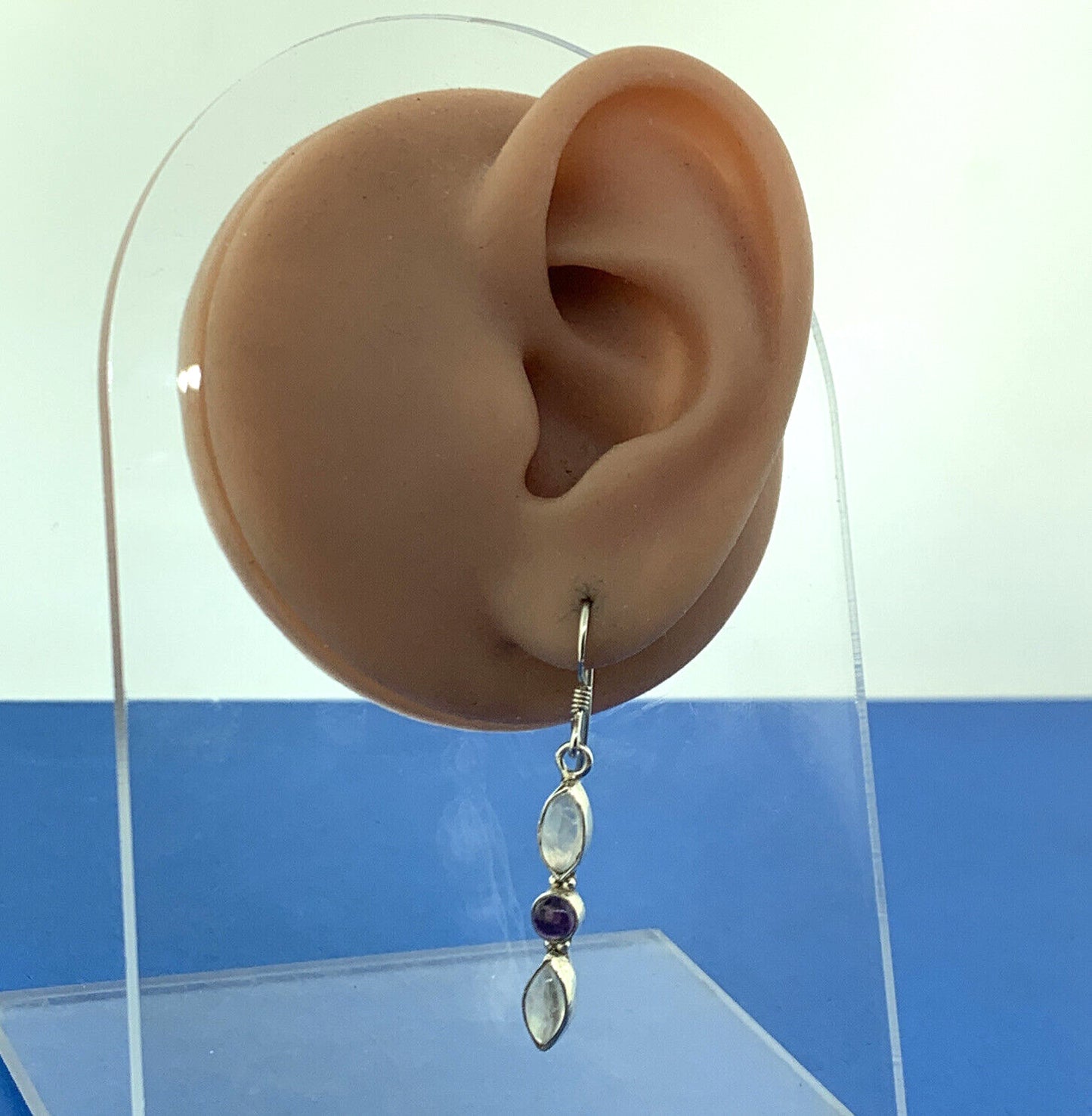 Designer Sterling Silver Moonstone Amethyst Dangle Drop Hook Earrings
