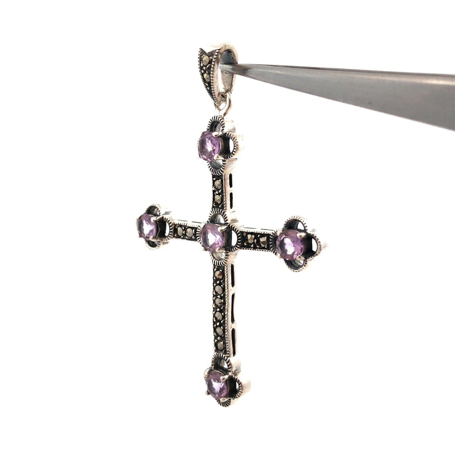 Vintage 925 Sterling Silver Round Amethyst Marcasite Statement Cross Pendant