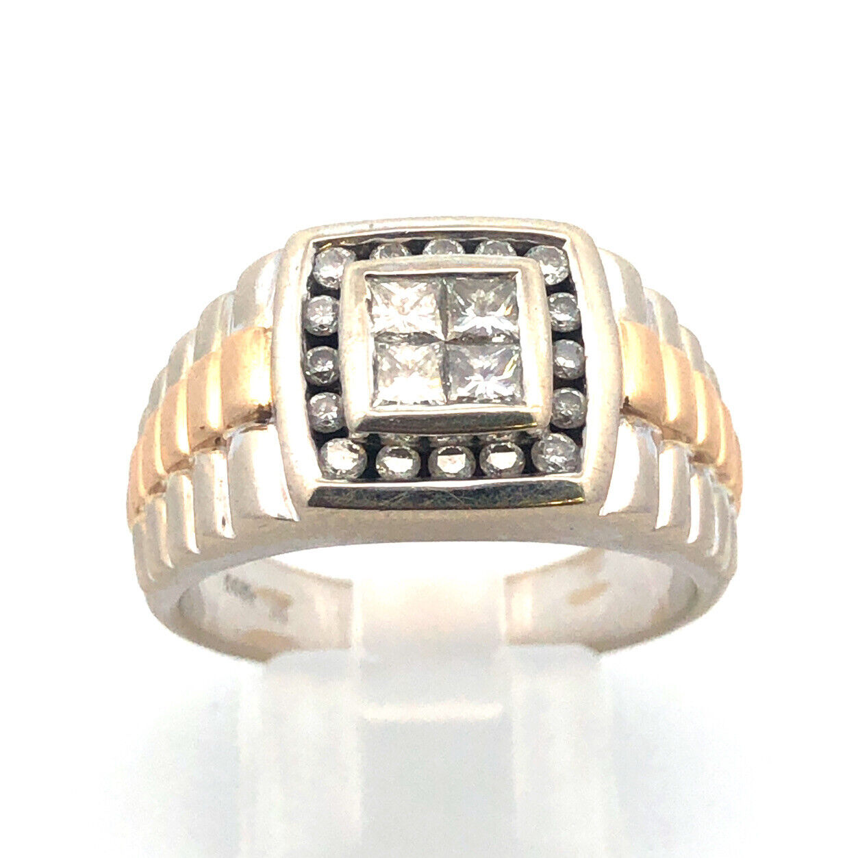 14K White Yellow Gold Princess Diamond Quad Men's Two Toned Ribbed Dome Ring