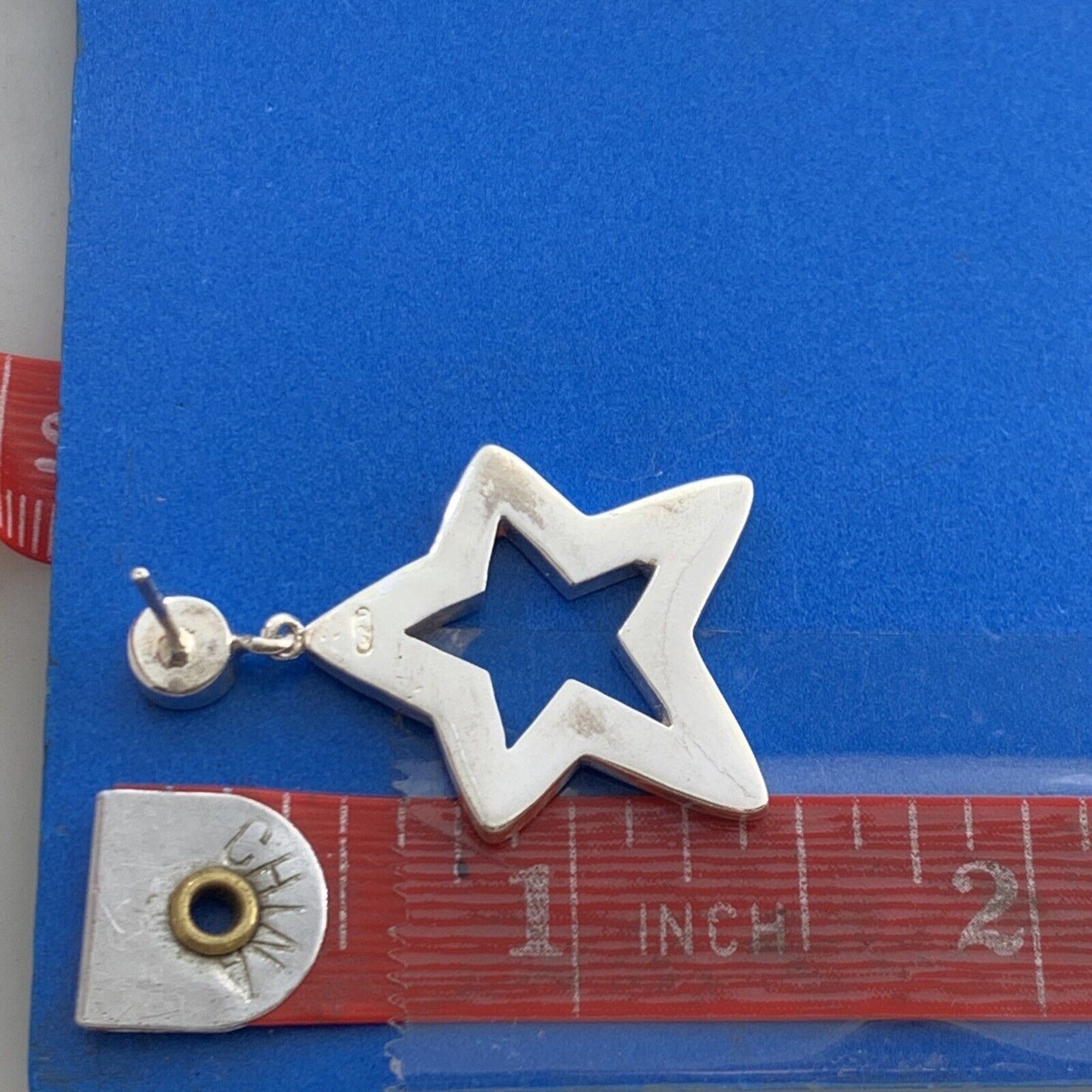 Designer Sterling Silver Mother Of Pearl Inlay Pink Enamel Star Dangle Earrings