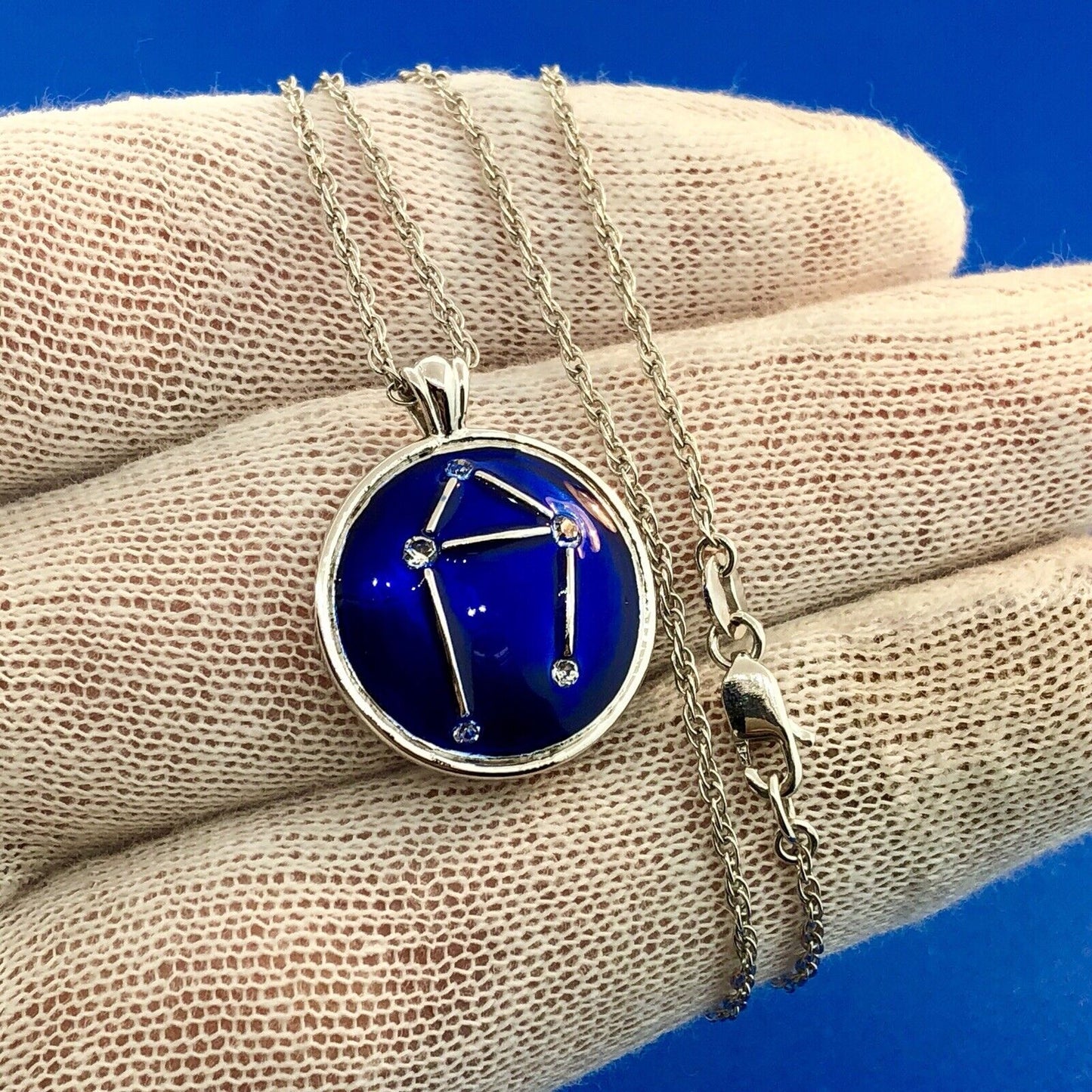BGE Sterling Silver 925 Blue Enamel Cubic Zirconia LIBRA Constellation Necklace