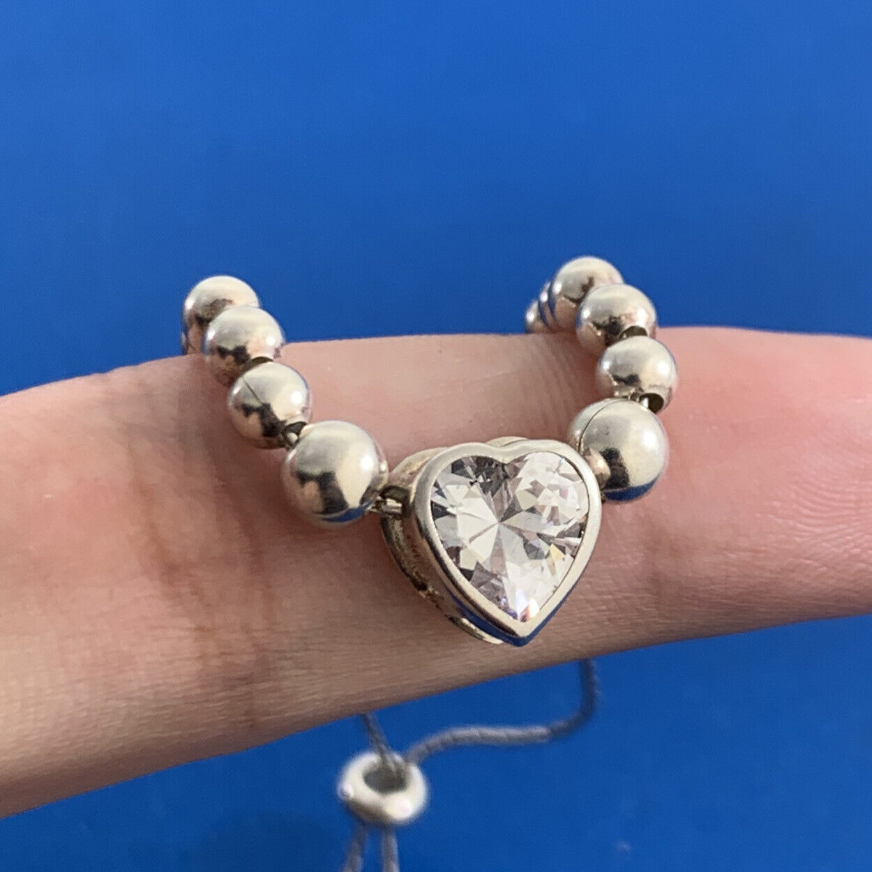 Cubic Zirconia Heart Charm 925 Sterling Silver Beaded Adjustable Bracelet
