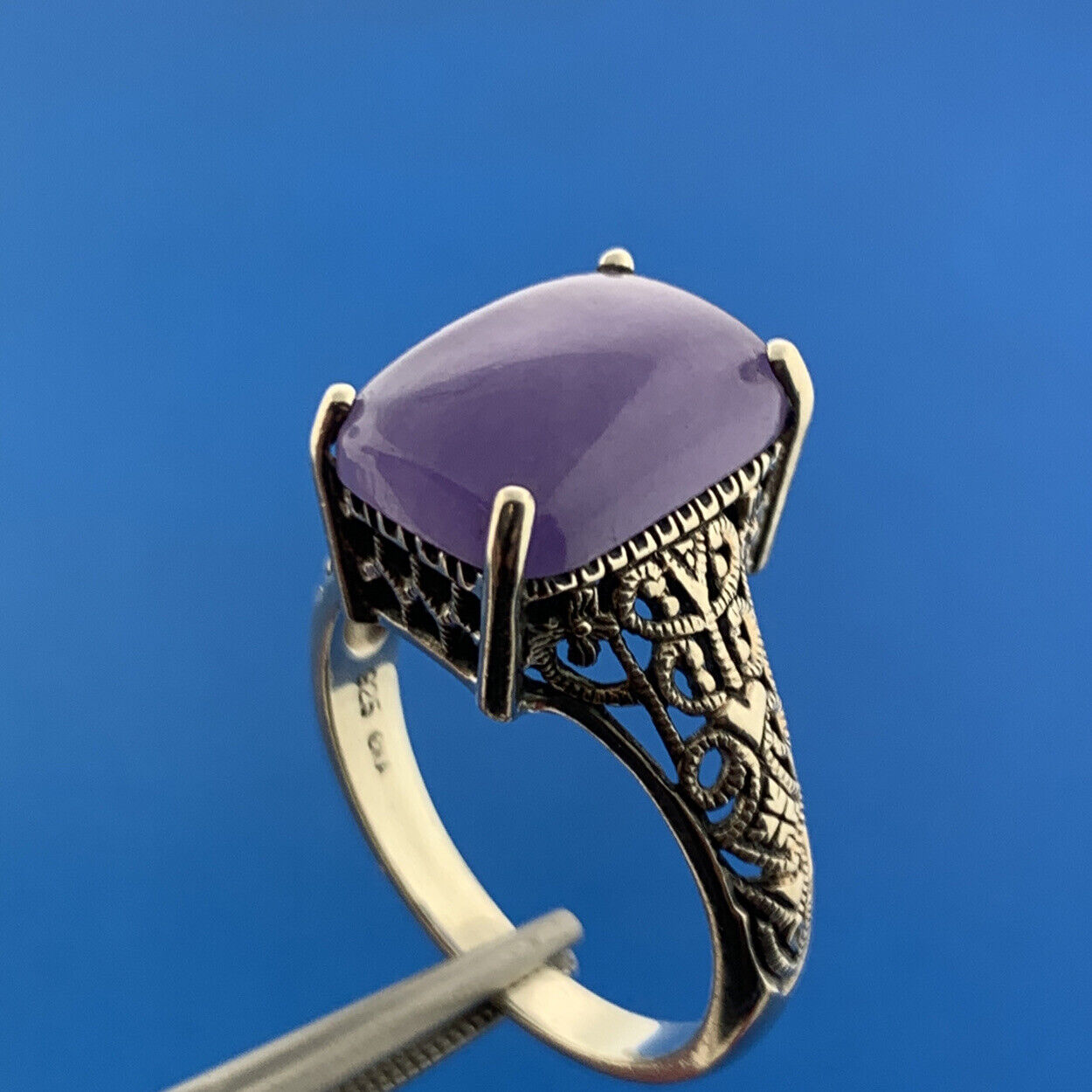 Designer CNA 925 Sterling Silver Purple Jade Jadeite Filigree Open Work Ring