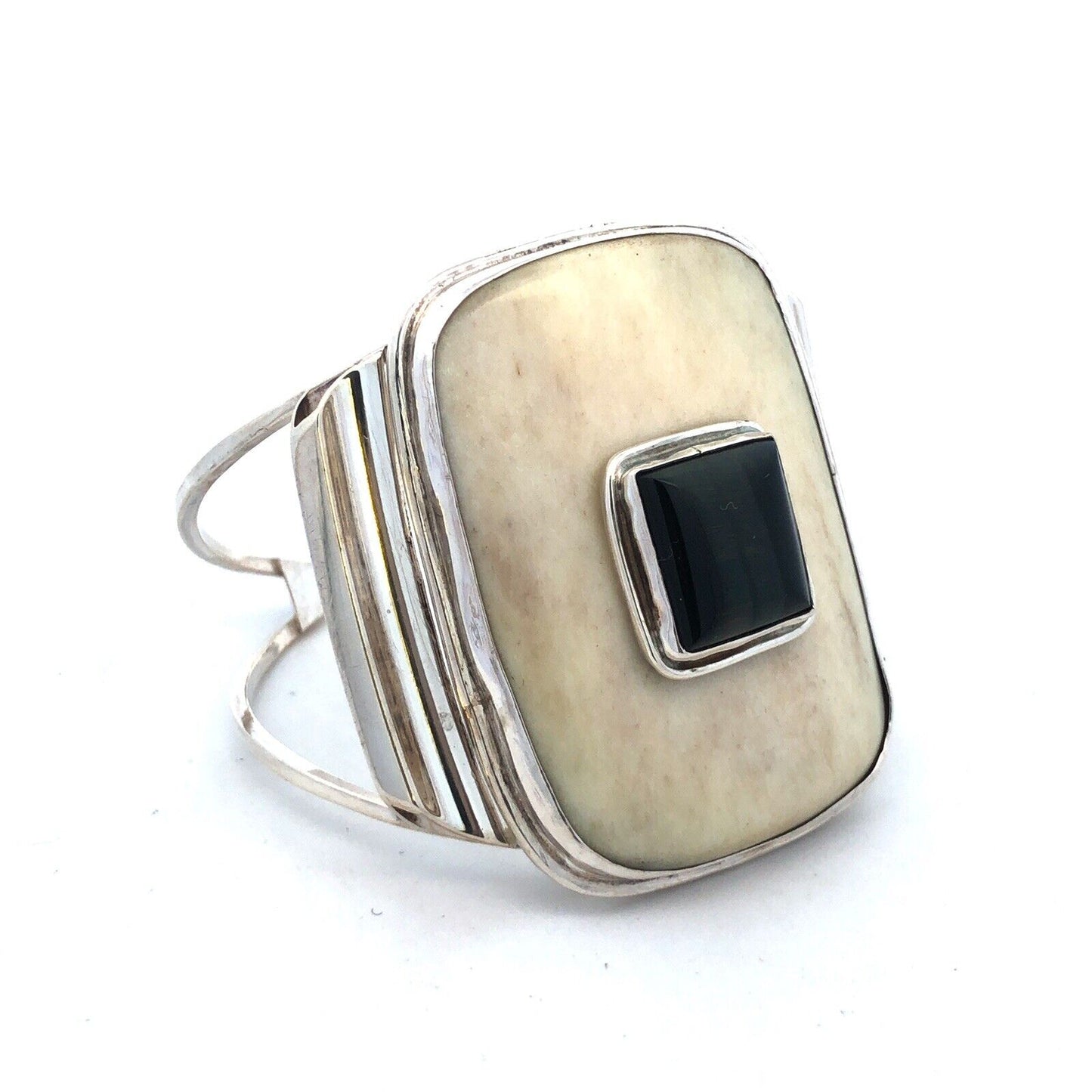 925 Sterling Silver Resin Black Tigers Eye Wide Cuff Bracelet