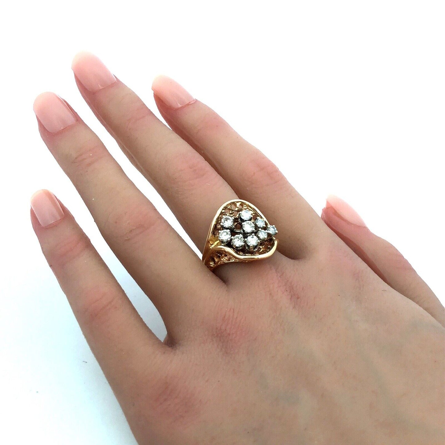 Estate 14K Yellow Gold Round Diamond Cluster Nugget Statement Ring