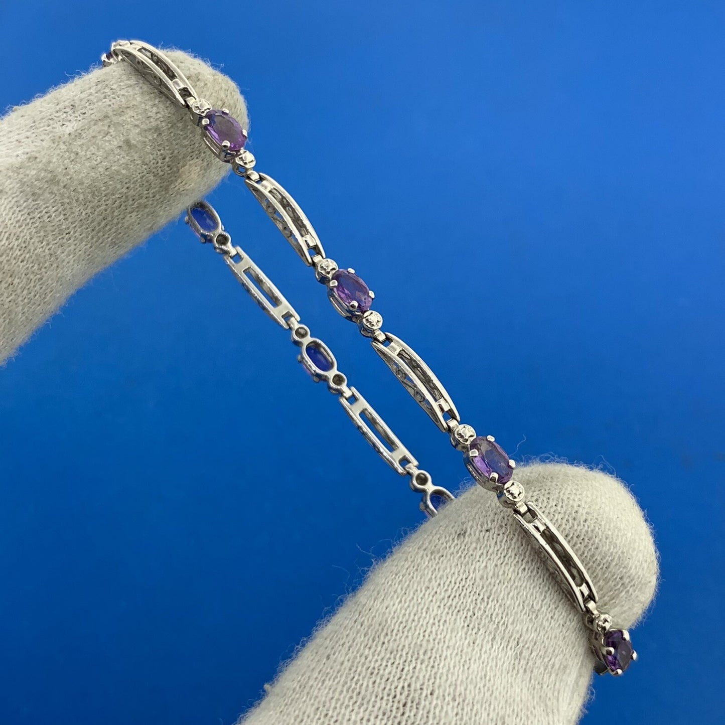 Designer Mexico 10K White Gold Oval Amethyst Diamond Accented Tennis Bracelet