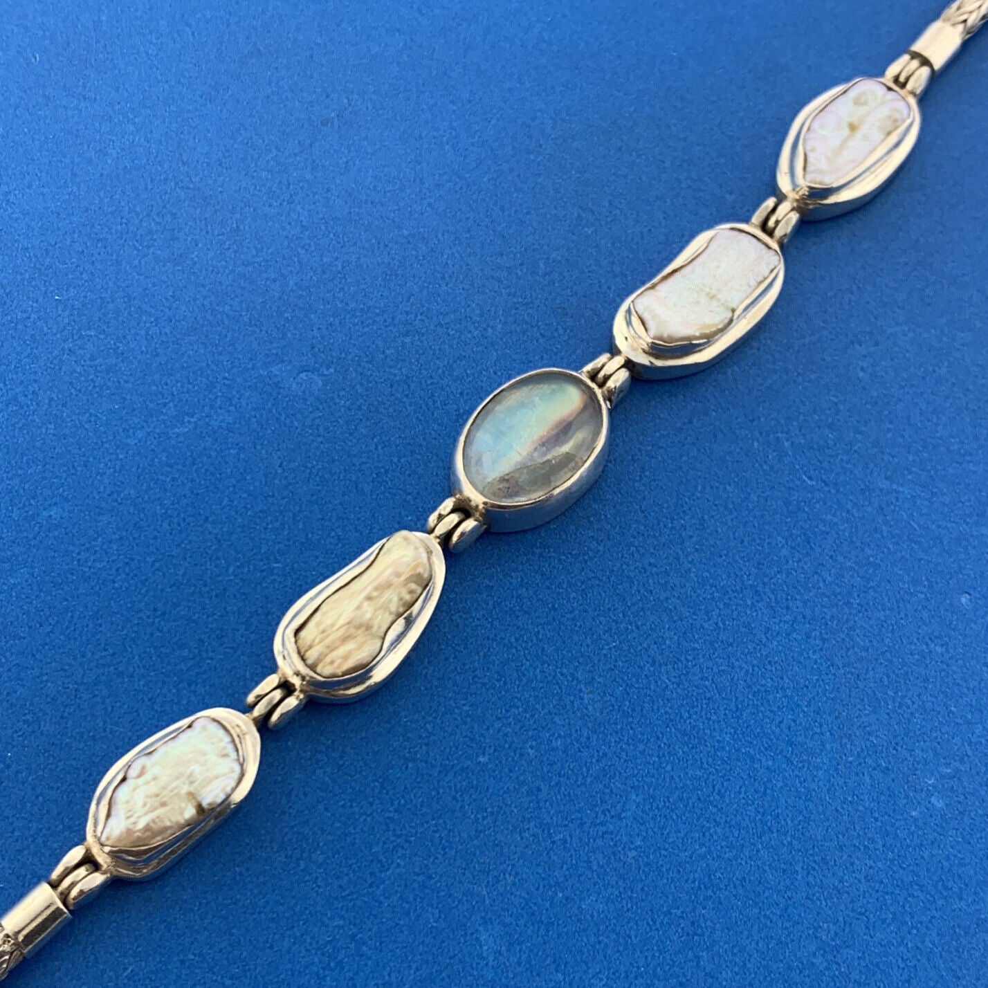 Vintage 925 Sterling Silver Moonstone Mabe Pearl Panel Statement Bracelet