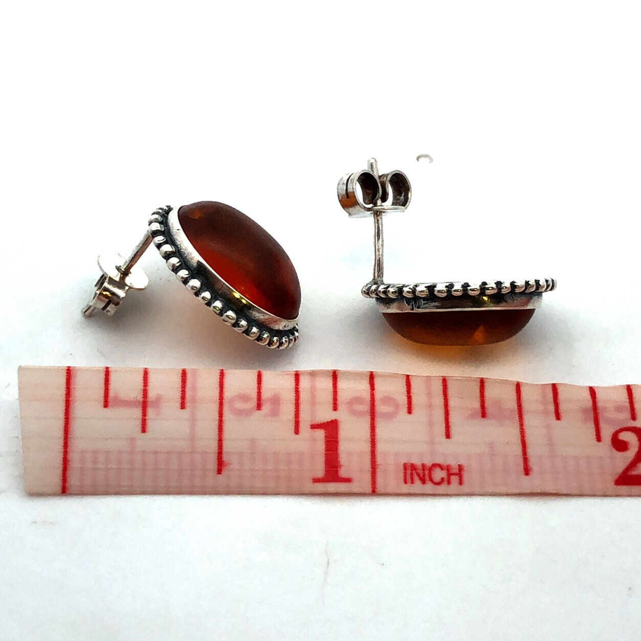 Vintage 925 Sterling Silver Oval Cabochon Amber Beaded Detail Stud Earrings