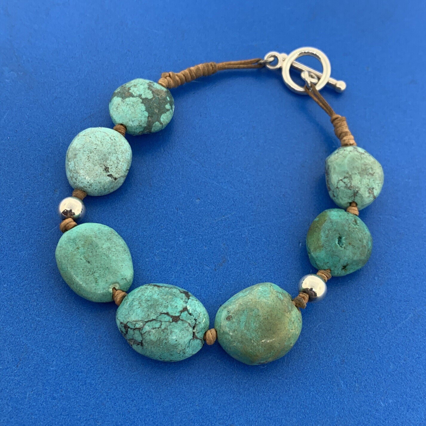 Artisan Sterling Silver 925 Chunky Turquoise Bead Leather Cord Toggle Bracelet