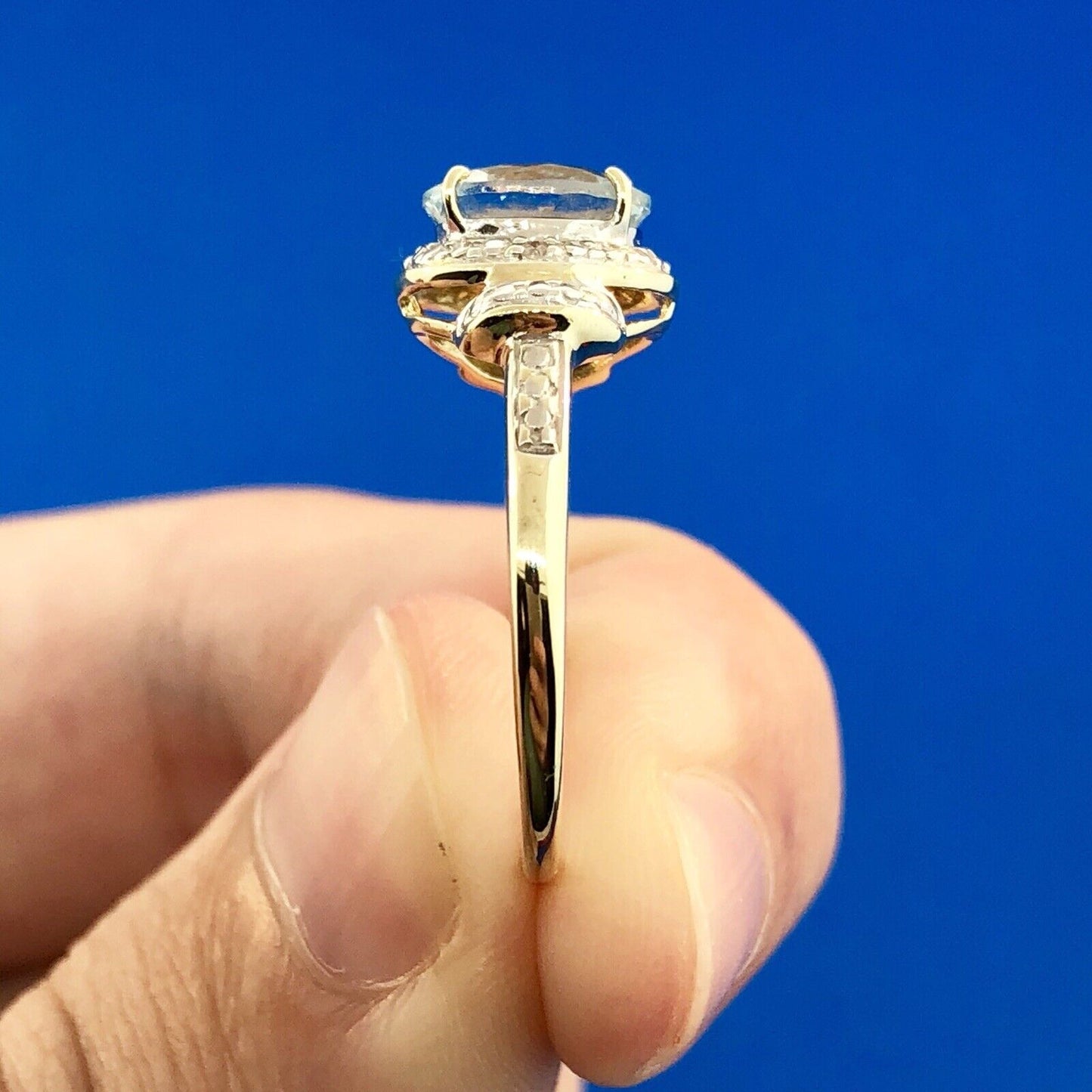 Designer 10K Yellow White Gold Aquamarine Diamond Accent March Anniversary Ring