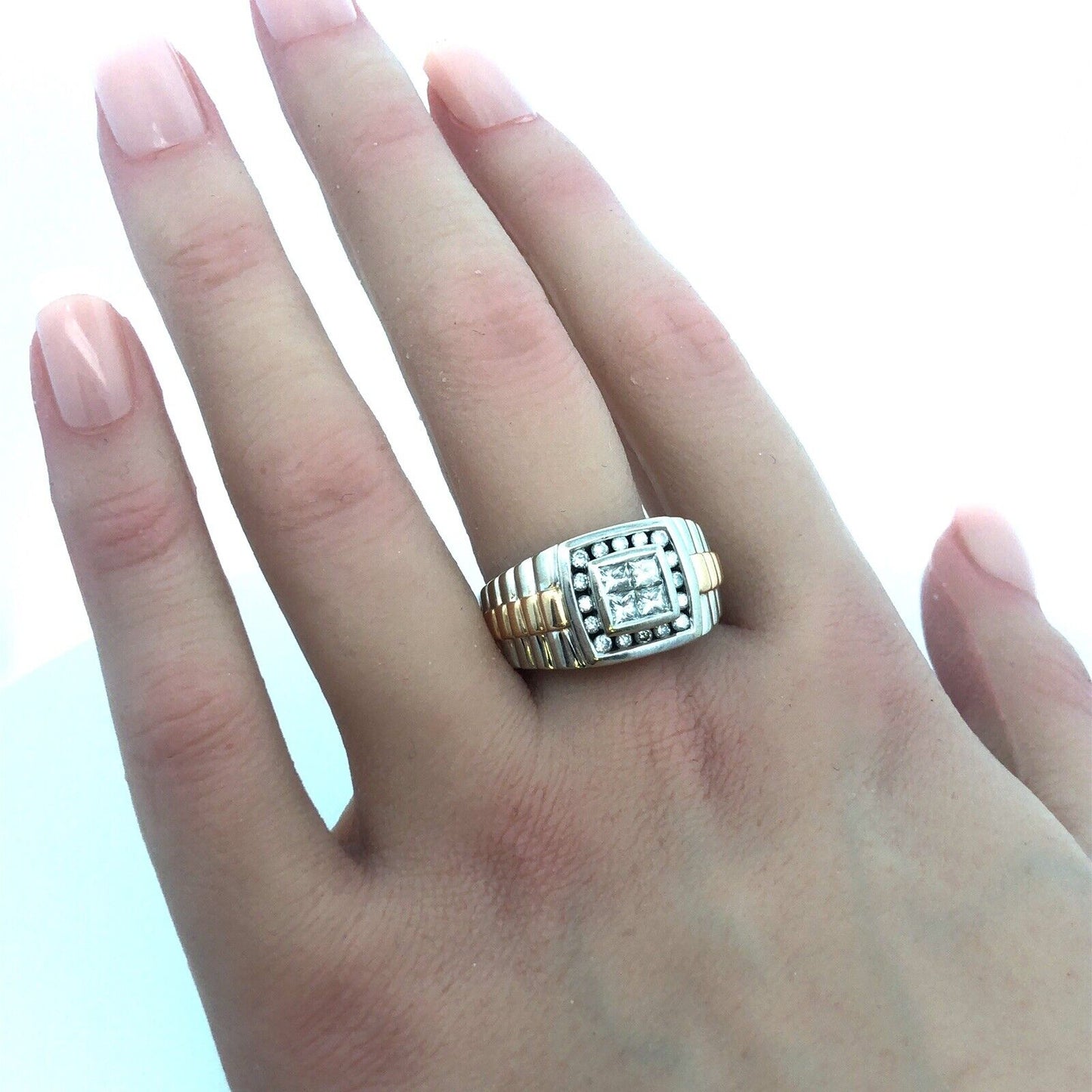 14K White Yellow Gold Princess Diamond Quad Men's Two Toned Ribbed Dome Ring
