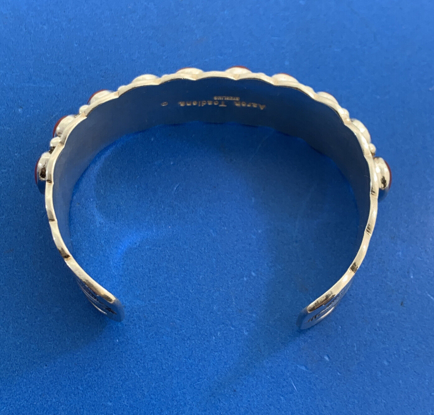 Aaron Toadlena Native American 925 Sterling Silver Coral Statement Cuff Bracelet
