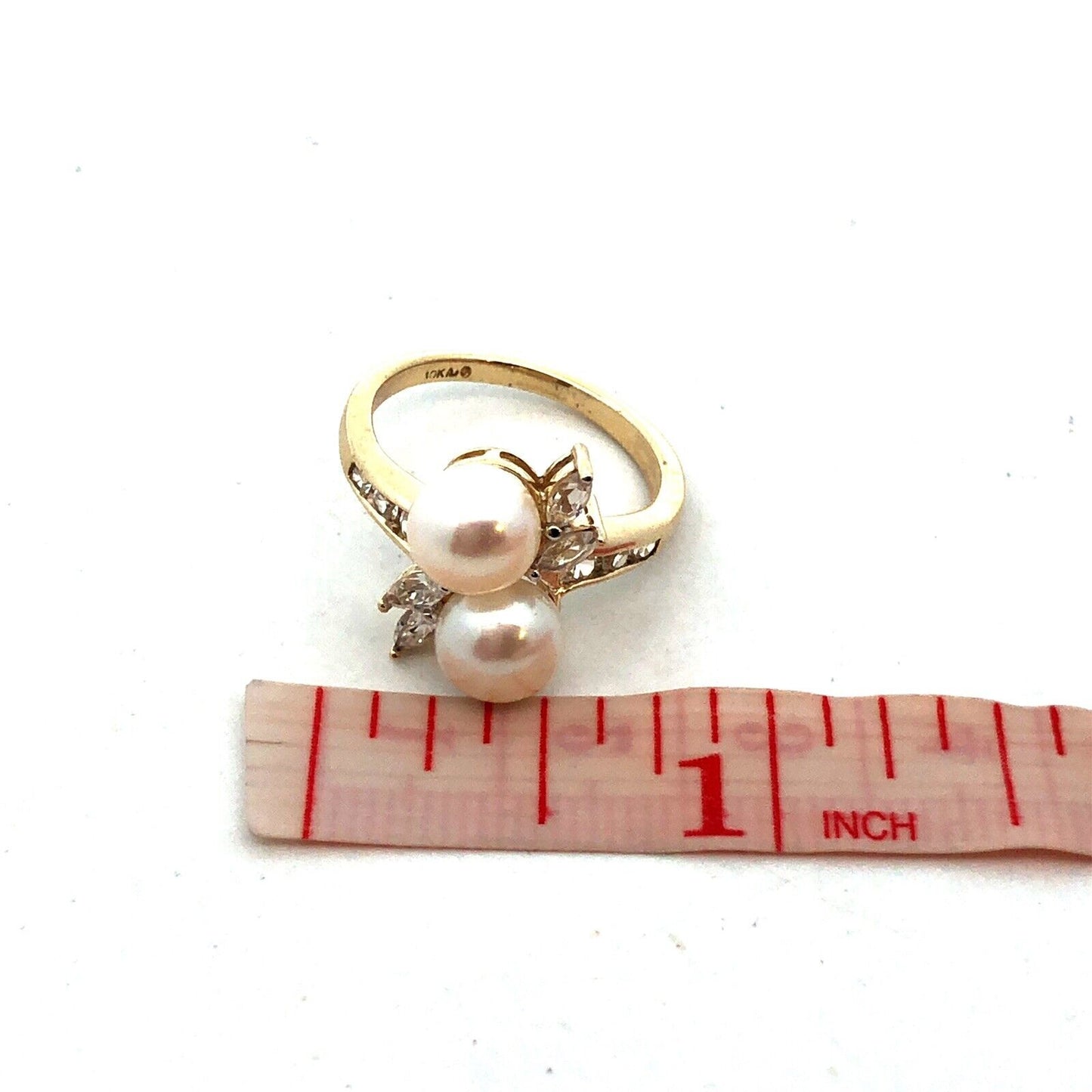 Designer AV 10K Yellow Gold Round White Pearl Duo Marquise Topaz Accent Ring