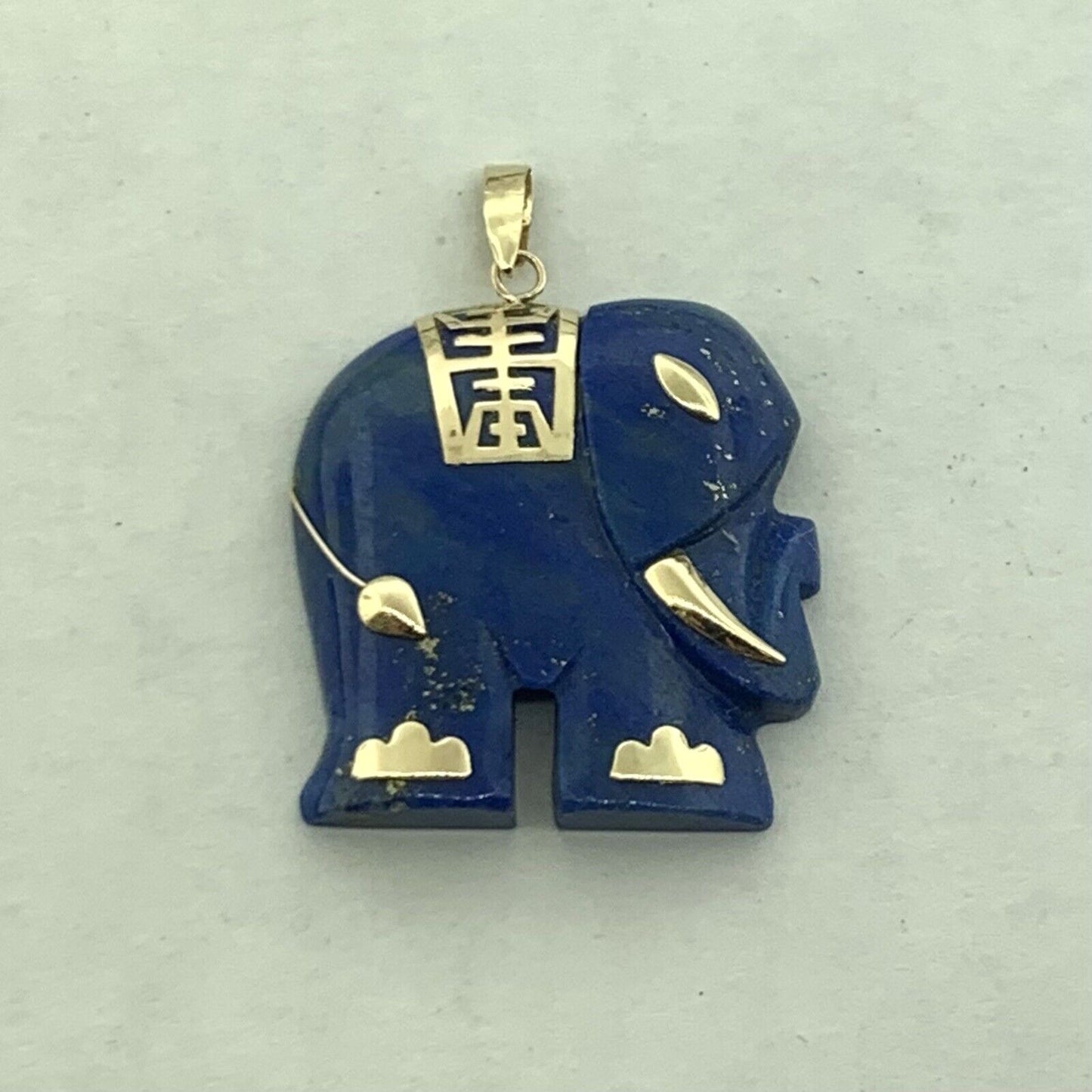 Designer 14K Yellow Gold Lapis Lazuli Chinese Character Elephant Pendant