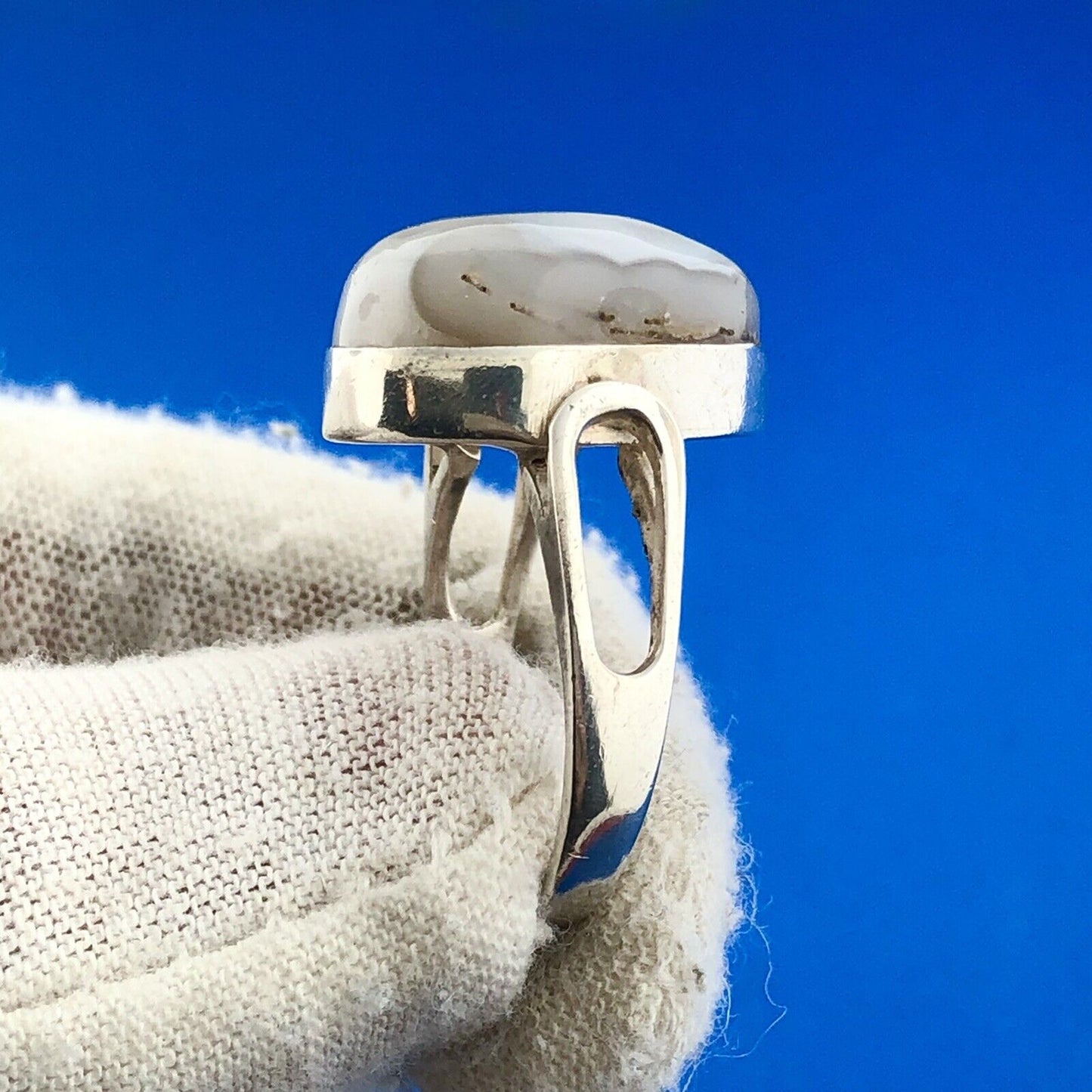 Retro 925 Sterling Silver Pear Cabochon Banded White Gray Agate Statement Ring