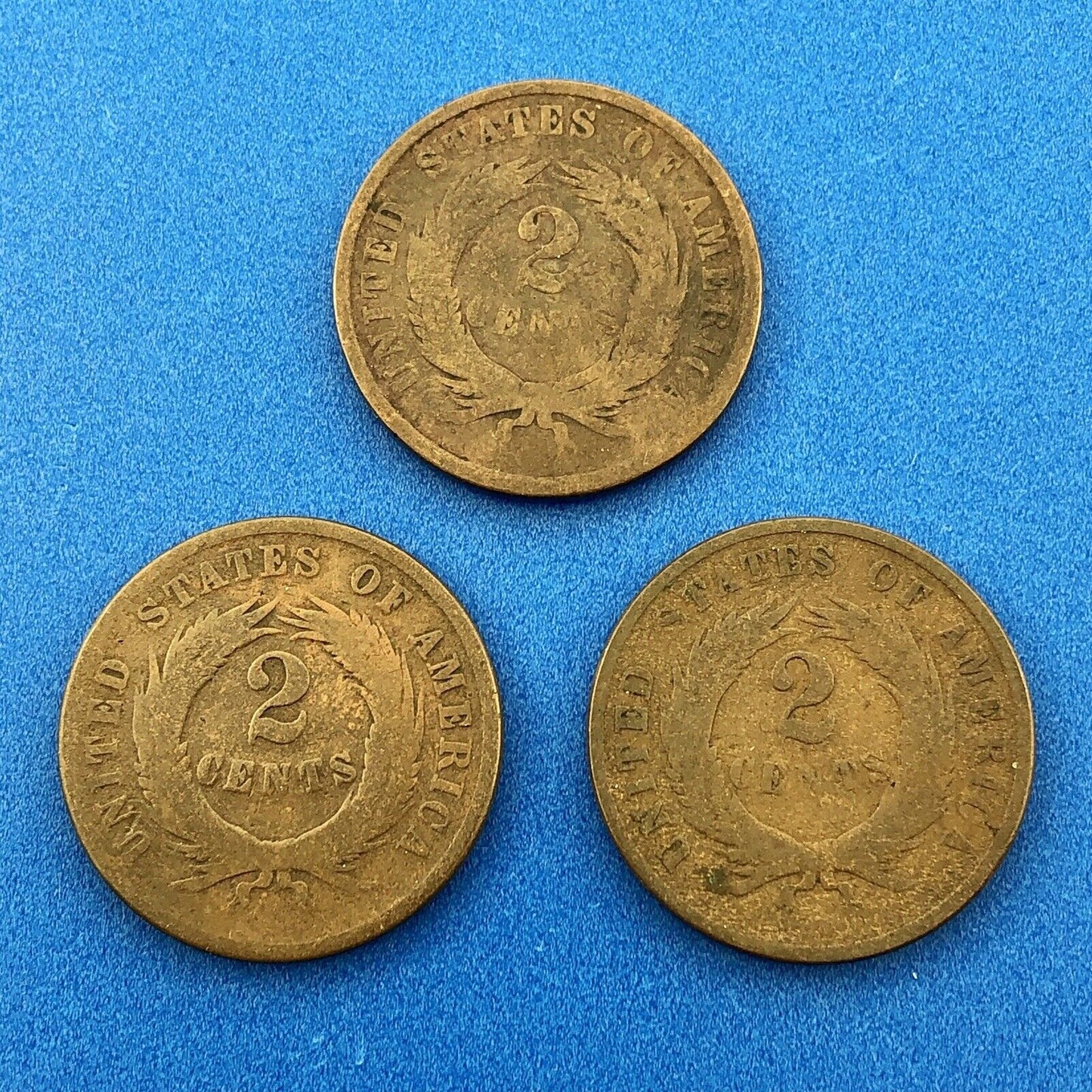 1866 P Bronze Two-Cent Piece Three Coin Mixed Date Union Shield Philadelphia Lot