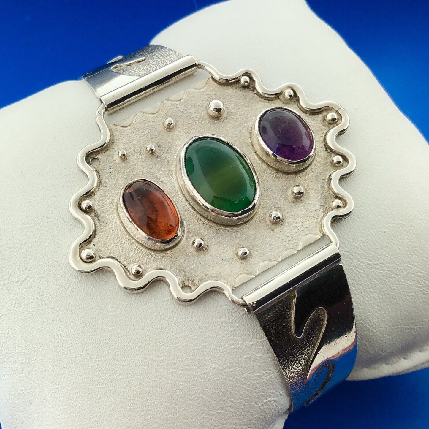 Native American Sterling Silver Amber Amethyst Green Tourmaline Cuff Bracelet
