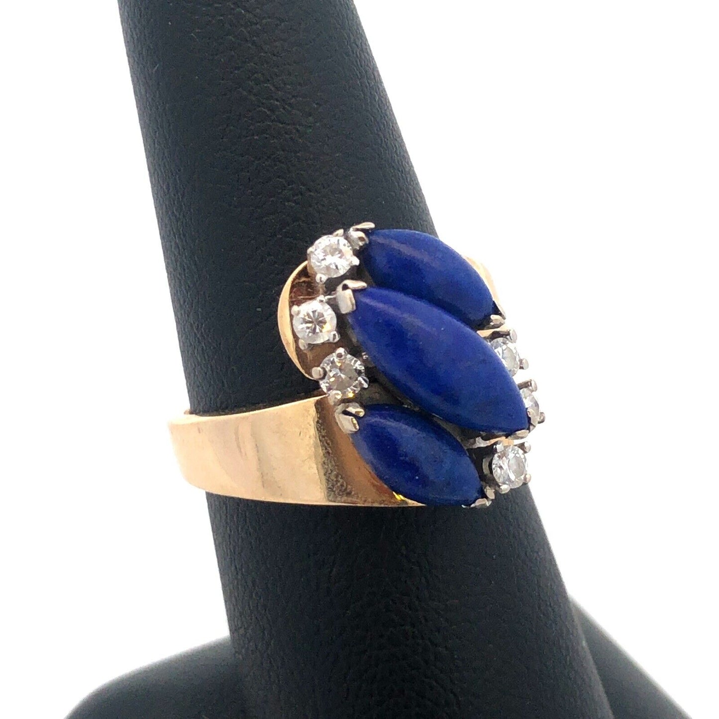 Gorgeous 14k Yellow Gold Cabochon Lapis Lazuli Diamond Bypass Ring Size 7.25
