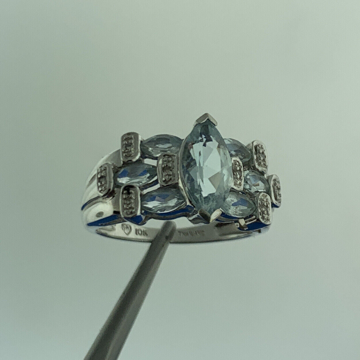 Designer 10K White Gold Aquamarine Diamond Accent March Anniversary Ring