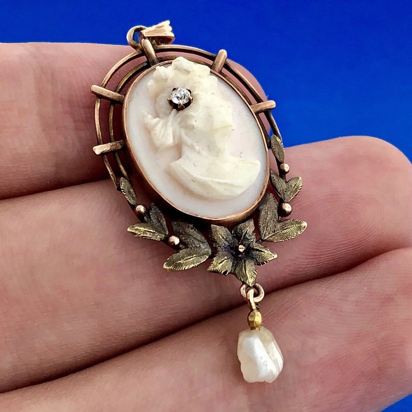 Victorian 10K Rose/Yellow Gold Pink Cameo Pearl Diamond Lavaliere Brooch Pendant