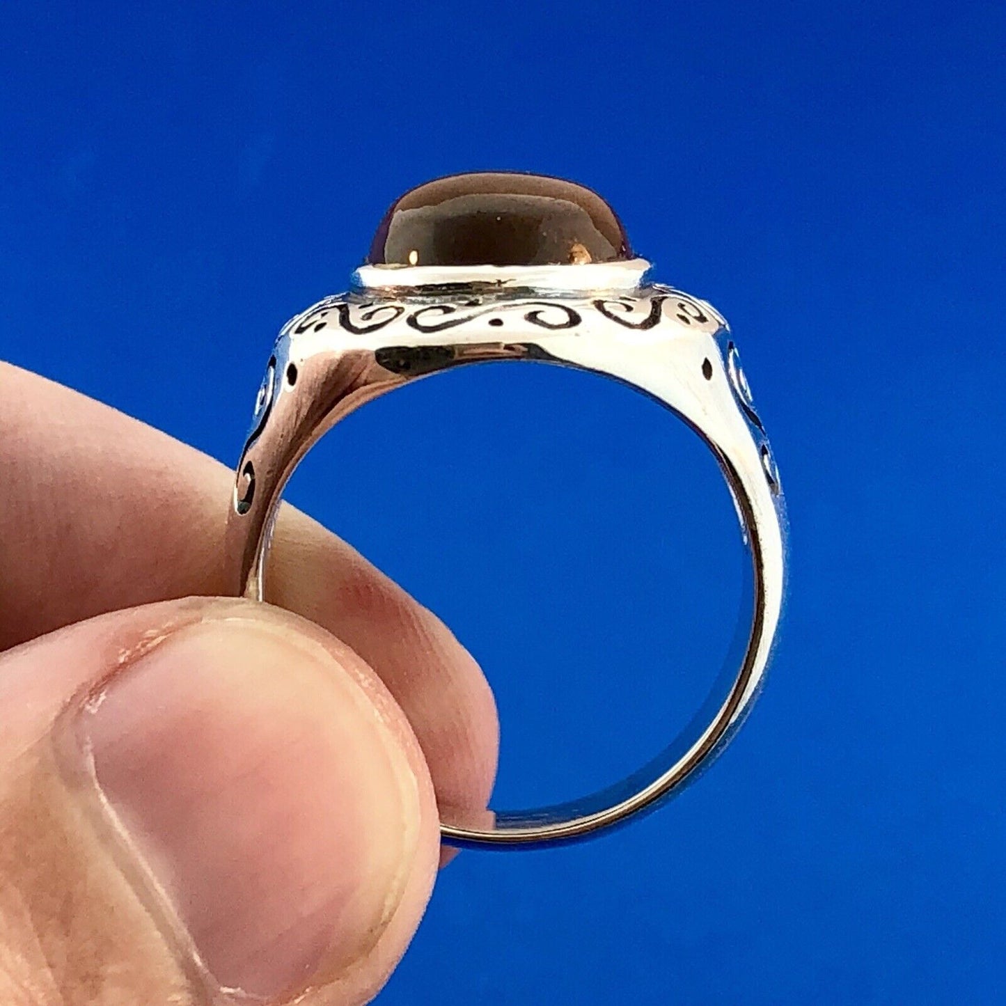 Designer 925 Sterling Silver Tiger Eye Cabochon Heart Scroll Concho Style Ring
