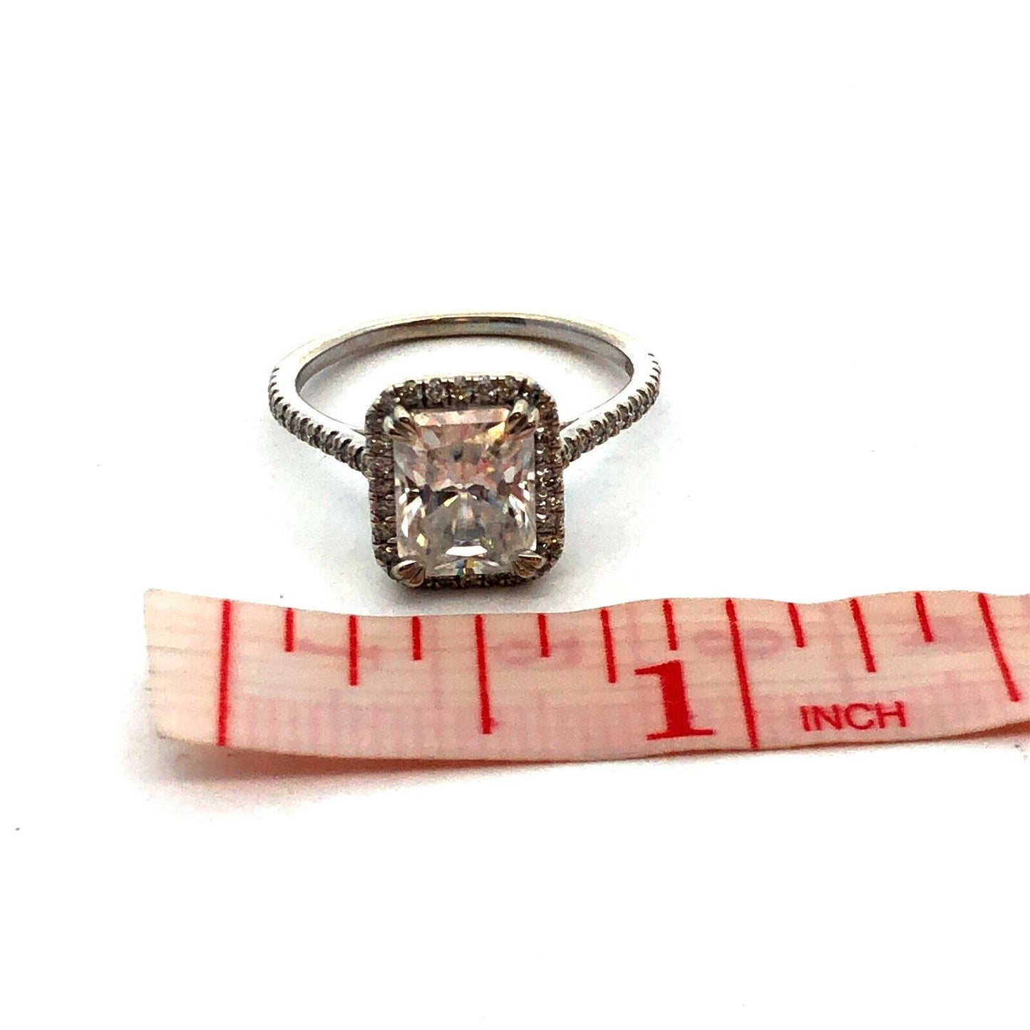 Designer 14K White Gold Emerald Cut Moissanite Halo Engagement Ring