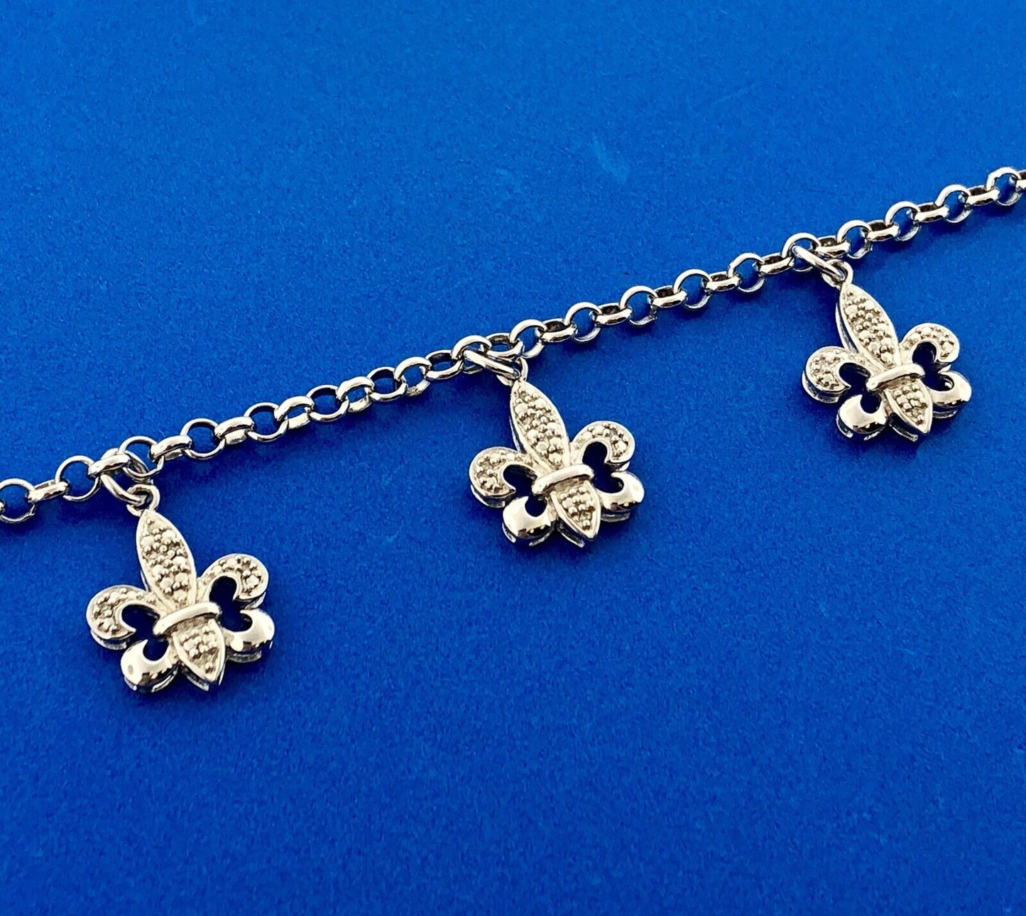 Designer Sterling Silver 925 Diamond Fleur De Lis Six Dangle Charm Bracelet