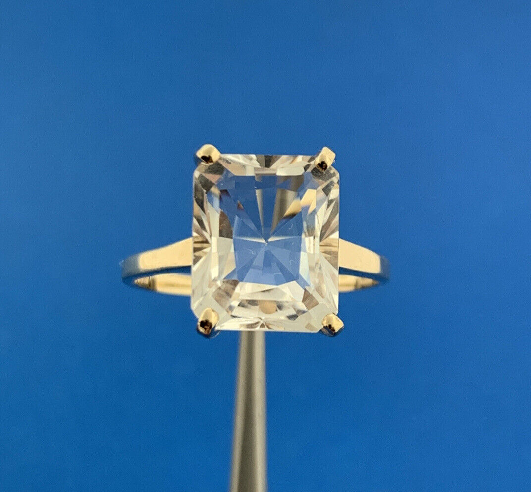 Designer 10K Yellow Gold Emerald Cut White Topaz Solitaire Statement Ring