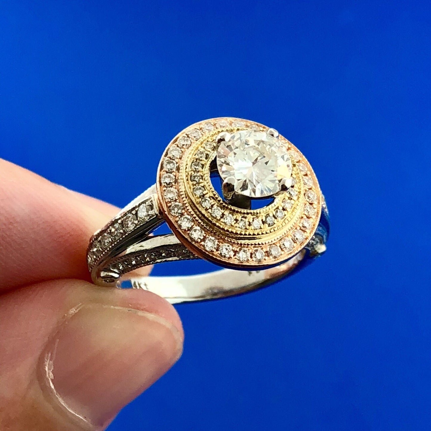 Designer 14K White Yellow Rose Gold Diamond Solitaire Halo Engagement Ring