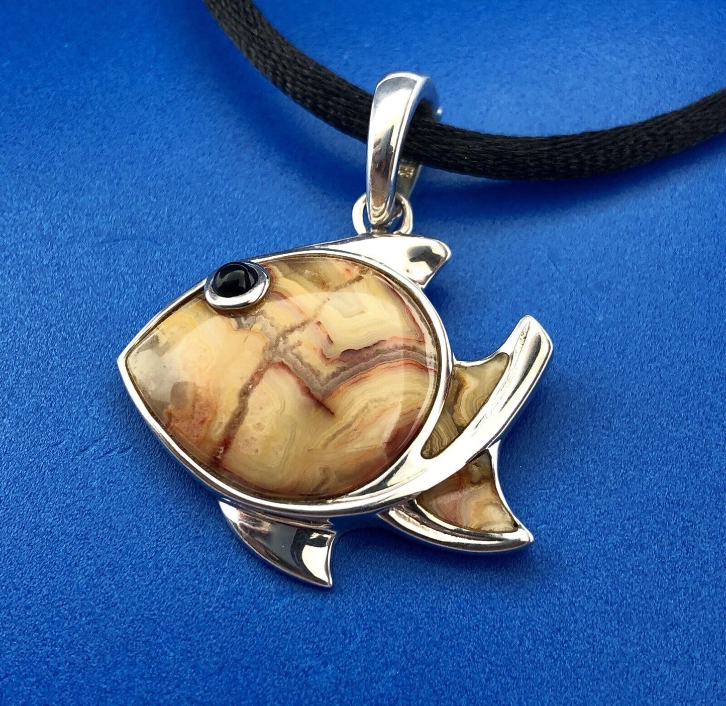 Whitney Kelly Sterling Silver 925 Agate Onyx Fish Silk Cord Enhancer Necklace
