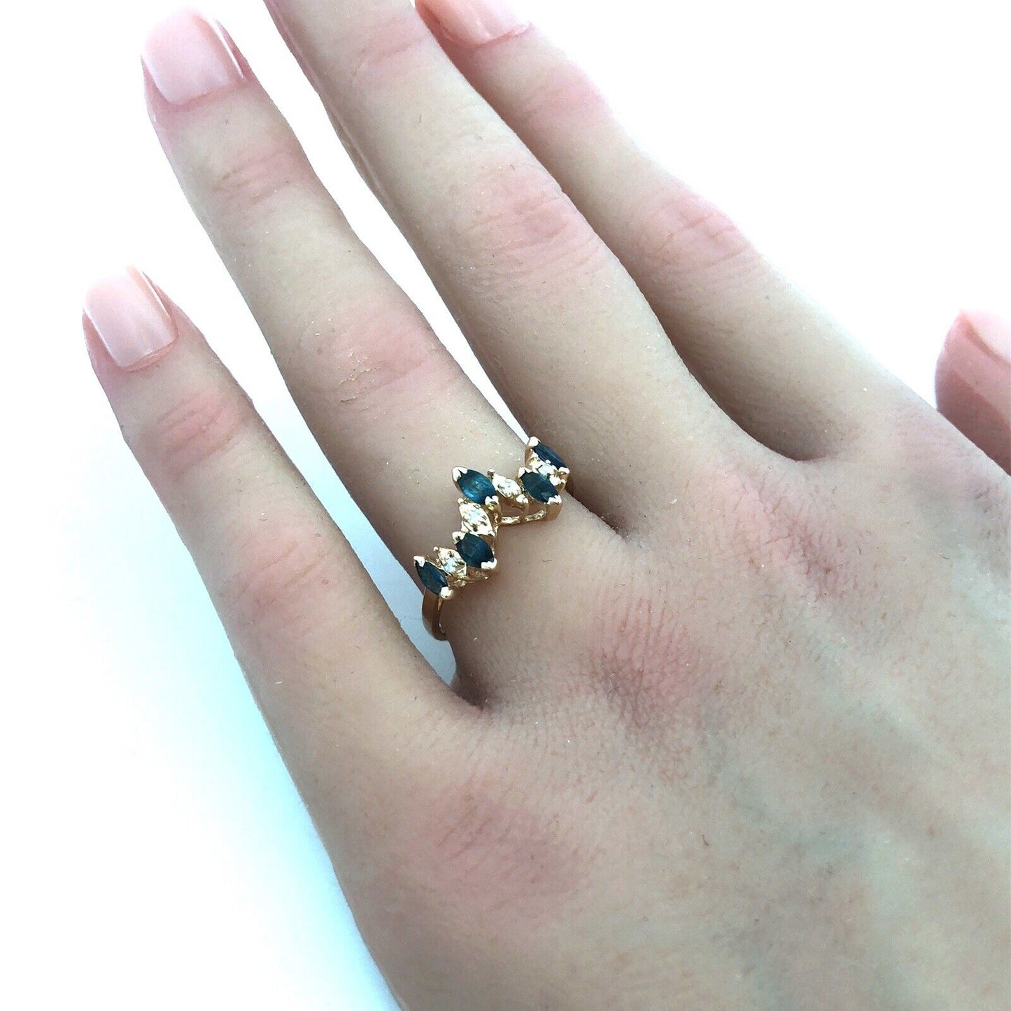 Estate 14K Yellow Gold Marquise London Blue Topaz Diamond Stacking Band Ring