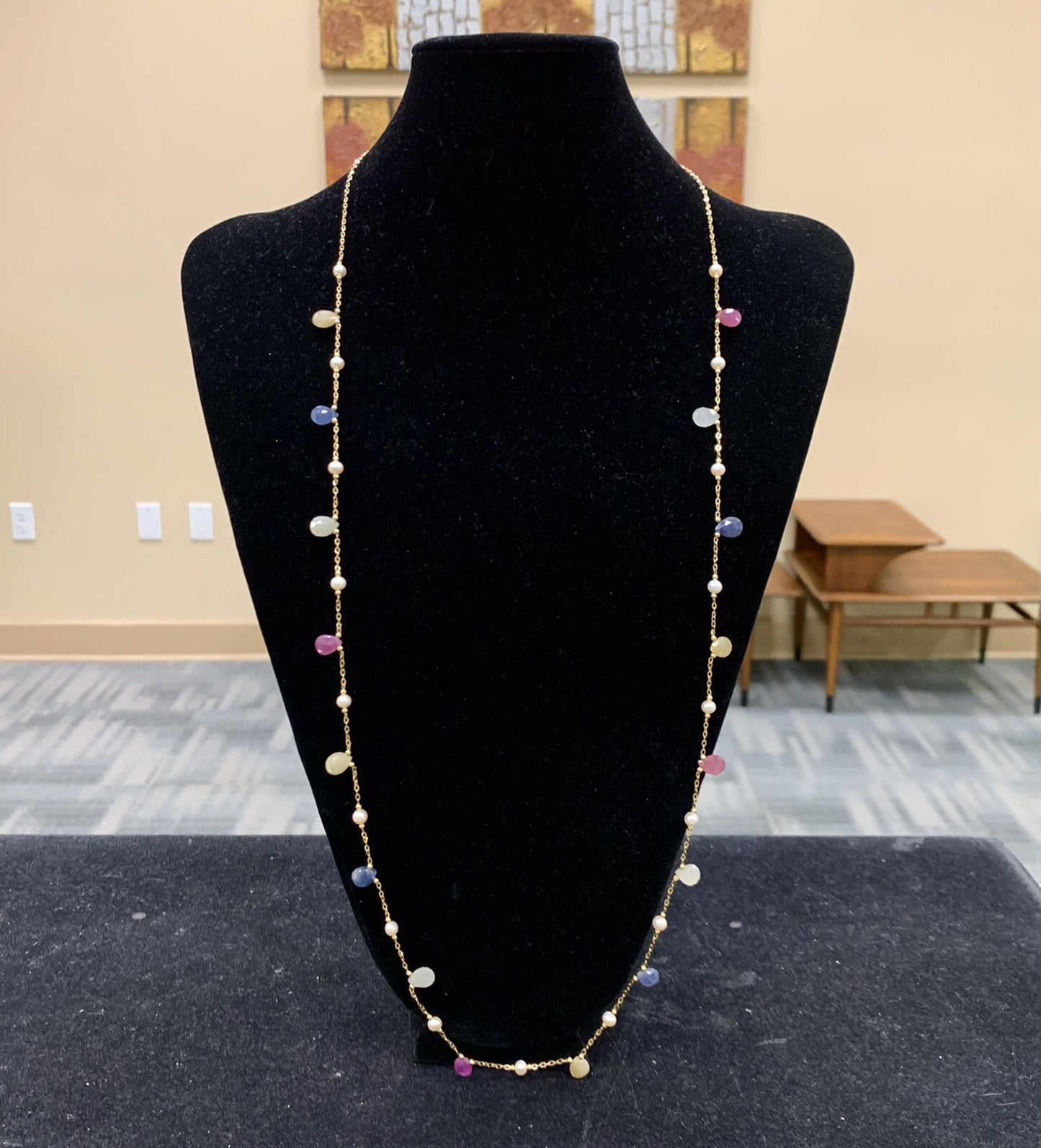 Designer 18K Yellow Gold Spinel Ruby Sapphire Pearl Station Long Chain Necklace