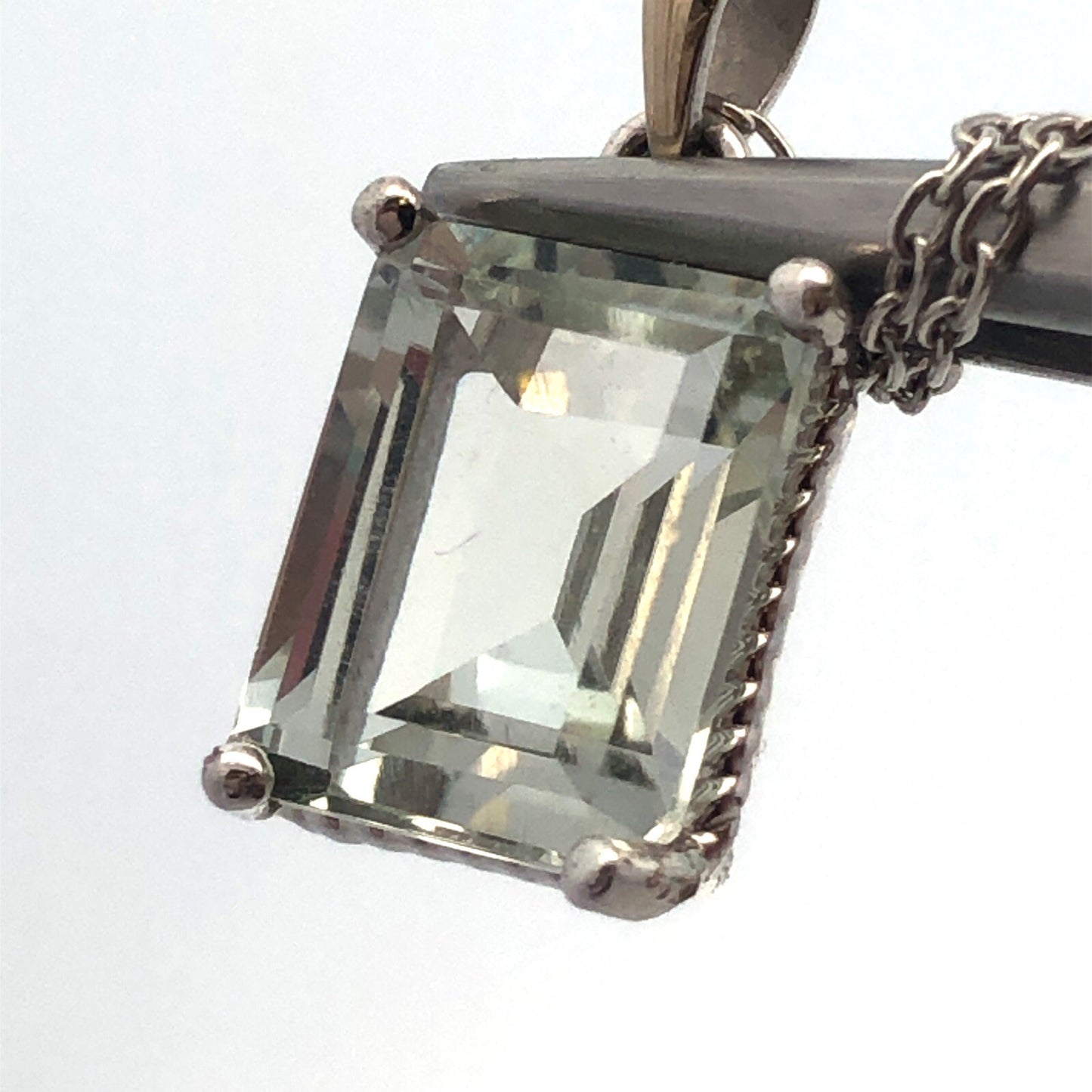 14K White Gold Emerald Cut Green Topaz Solitaire Drop Pendant Necklace