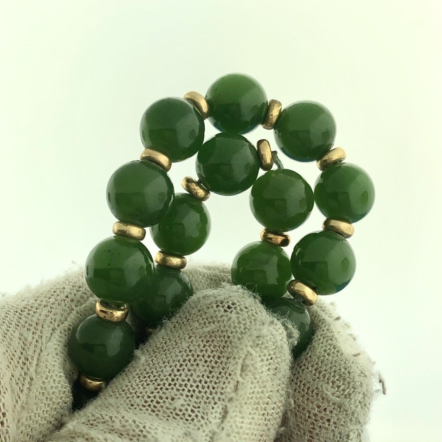 Gorgeous 14k Yellow Gold Cabochon Green Jade Bead Strand String 22.5" Necklace