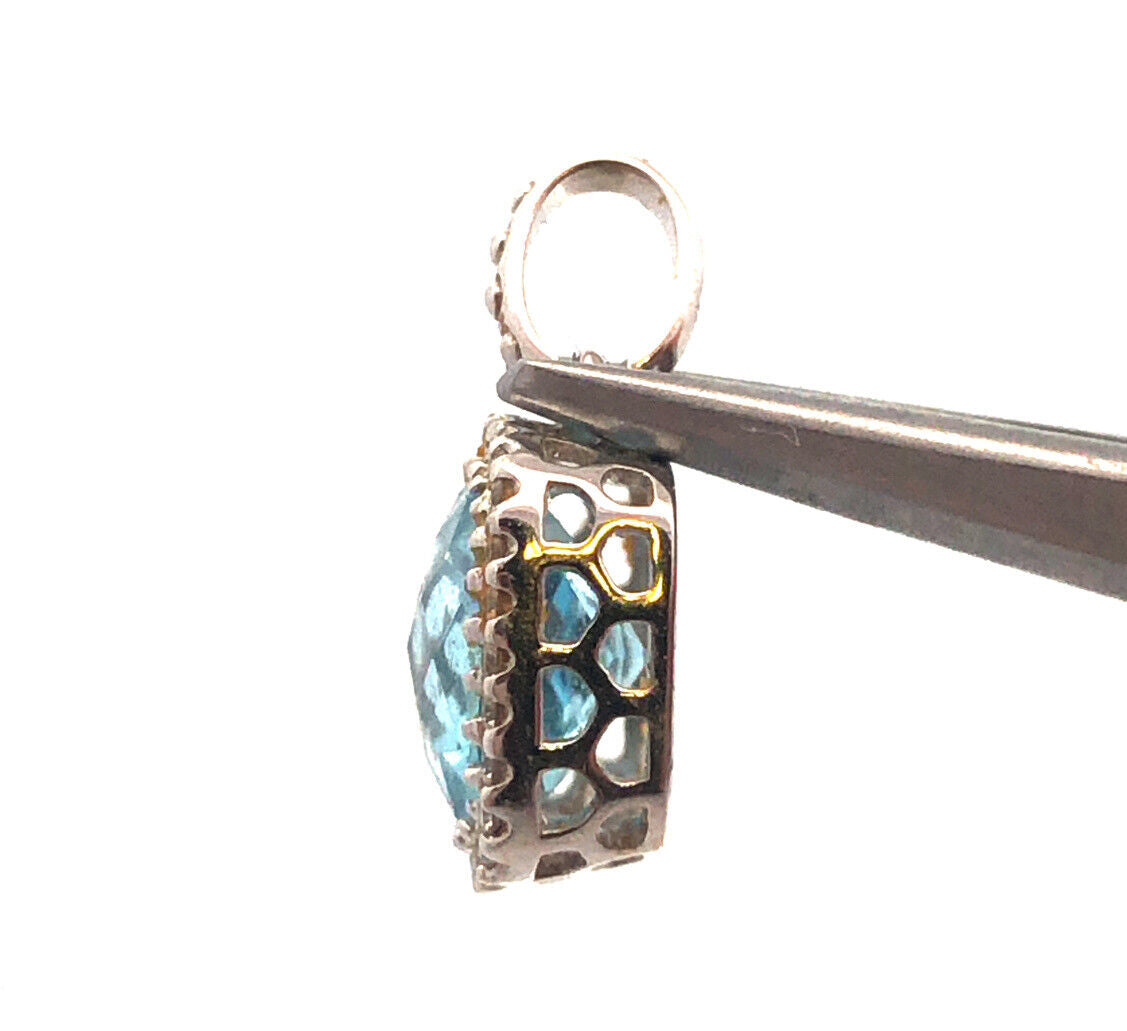 18K White Gold Cushion Cut Blue Topaz Diamond Halo October Anniversary Pendant