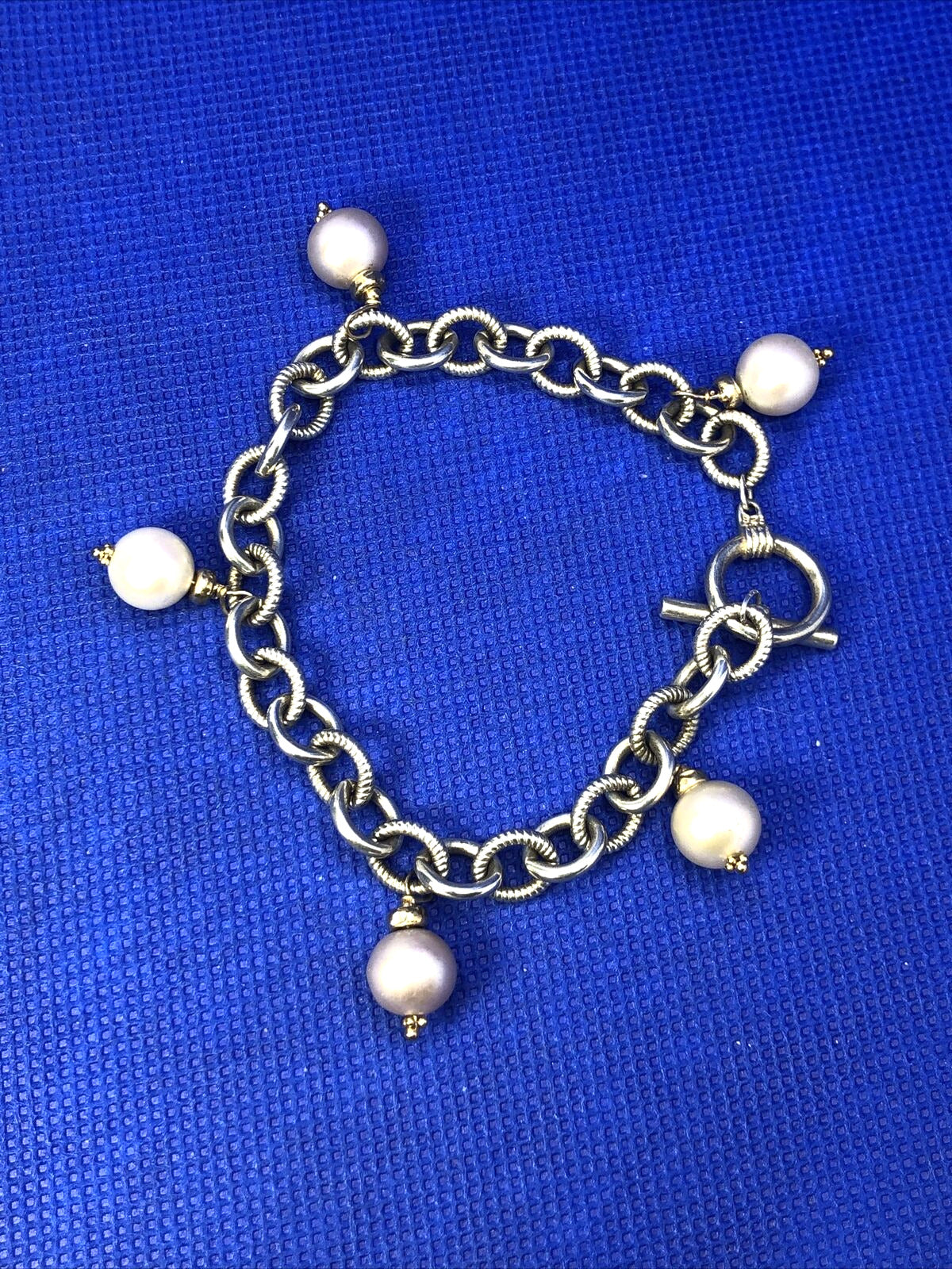 Estate 925 Sterling Silver 14K Gold Accented Pearl Charm Toggle Bracelet