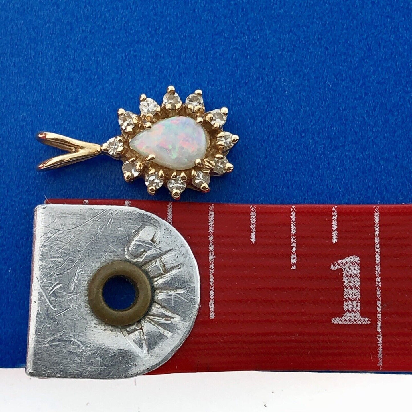 Solid 14K Yellow Gold Pear Shaped Opal Diamond Halo Charm Pendant