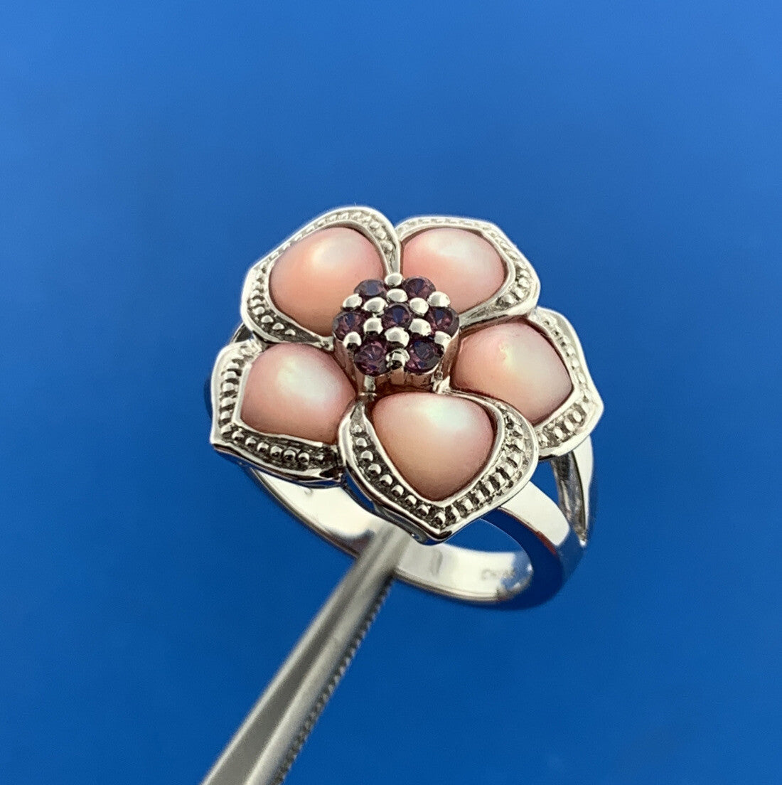 Designer EA Sterling Silver 925 Pink CZ Pink Mother Of Pearl Flower Cluster Ring