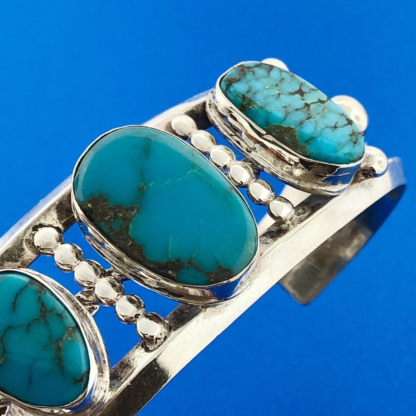 Estate Native American Sterling Silver Turquoise Chunky Cabochon Cuff Bracelet